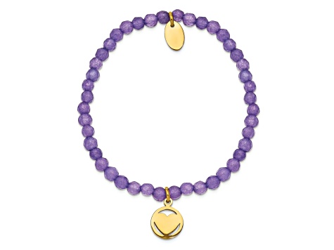 Yellow Stainless Steel Polished Heart Light Purple Jade Stretch Bracelet