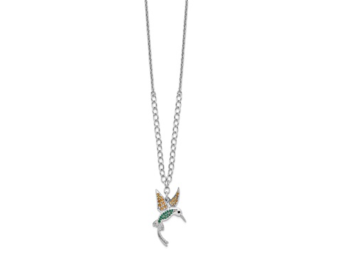 Rhodium Over Sterling Silver Cubic Zirconia Crystal Hummingbird 16 Inch with 2" Extension Necklace