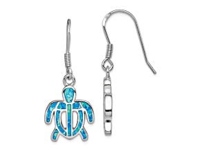 Rhodium Over Sterling Silver Lab Created Opal Inlay Tortoise Dangle Earrings