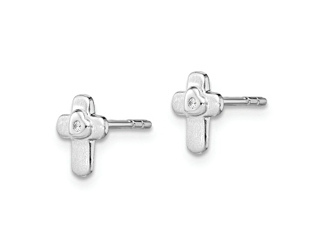 Rhodium Over Sterling Silver Polished Cubic Zirconia Cross Children's Post Earrings