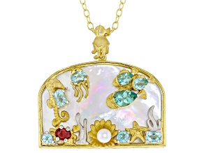 White Mother-of-Pearl Rhod/24k Gold Over Palladium Silver Aquarium Pendant W/ Chain 1.51ctw