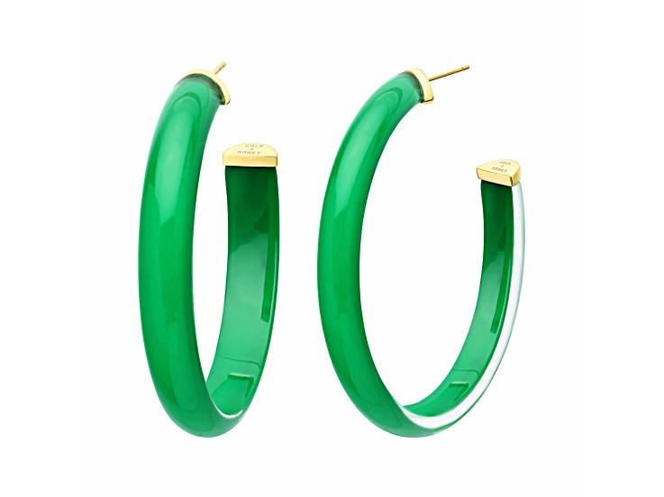 14K Yellow Gold Over Sterling Silver Acrylic and Hand Painted Enamel XL Oval Illusion Hoops in Green