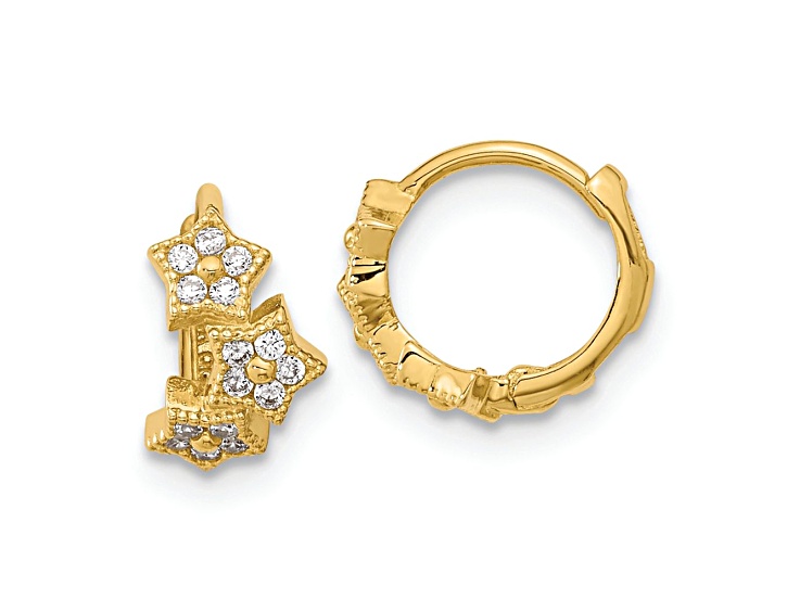 14k Yellow Gold Children's Textured 3/8" Cubic Zirconia 3-Star Hinged Hoop Earrings