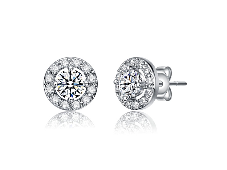 Rhodium Plated over Brass Halo Stud Earrings with Clear Cubic Zirconia