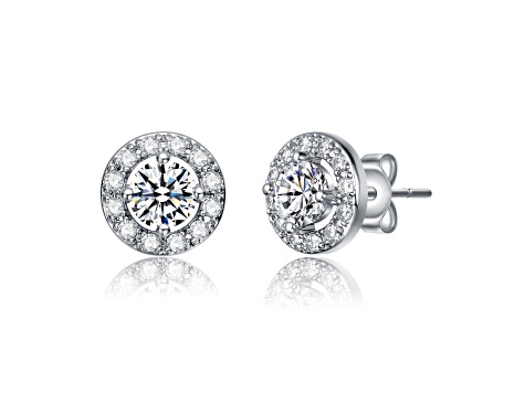 Rhodium Plated over Brass Halo Stud Earrings with Clear Cubic Zirconia