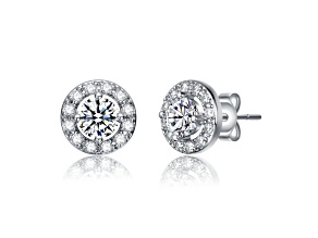 Rhodium Plated over Brass Halo Stud Earrings with Clear Cubic Zirconia