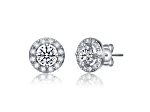 Rhodium Plated over Brass Halo Stud Earrings with Clear Cubic Zirconia
