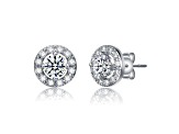 Rhodium Plated over Brass Halo Stud Earrings with Clear Cubic Zirconia