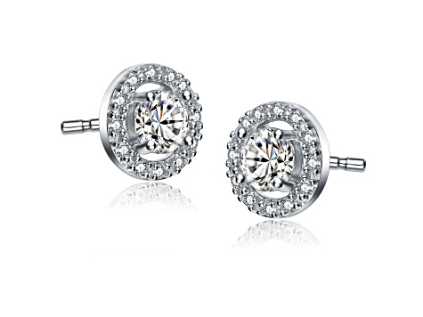Rhodium Plated over Brass Halo Stud Earrings with Clear Cubic Zirconia