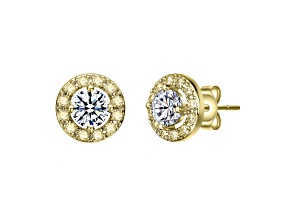 14k Yellow Gold Plated over Brass Halo Stud Earrings with Clear Cubic Zirconia