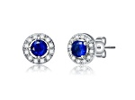 Rhodium Plated over Brass Halo Stud Earrings with Blue Color Cubic Zirconia