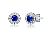 Rhodium Plated over Brass Halo Stud Earrings with Blue Color Cubic Zirconia