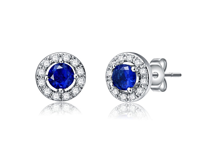 Rhodium Plated over Brass Halo Stud Earrings with Blue Color Cubic Zirconia