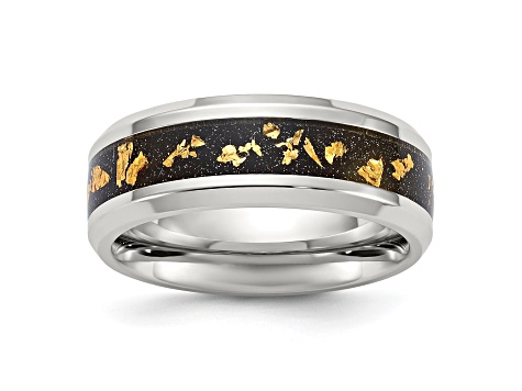 Stainless Steel Polished with Black and Gold Foil Inlay 8mm Band