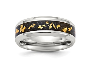 Stainless Steel Polished with Black and Gold Foil Inlay 8mm Band