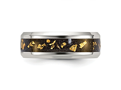 Stainless Steel Polished with Black and Gold Foil Inlay 8mm Band