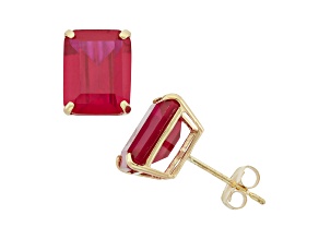 Rectangular Octagon Lab Created Ruby 10K Yellow Gold Earrings 4.80ctw