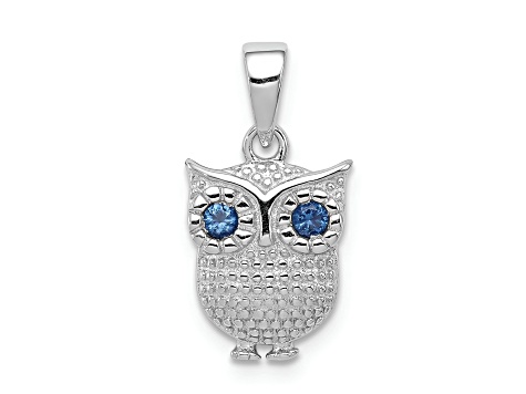 Rhodium Over Sterling Silver with Blue Glass Owl Pendant