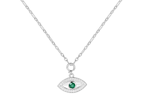 Emerald and Moissanite Rhodium Over Sterling Silver Evil Eye Necklace