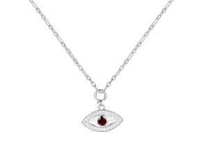 Garnet and Moissanite Rhodium Over Sterling Silver Evil Eye Necklace