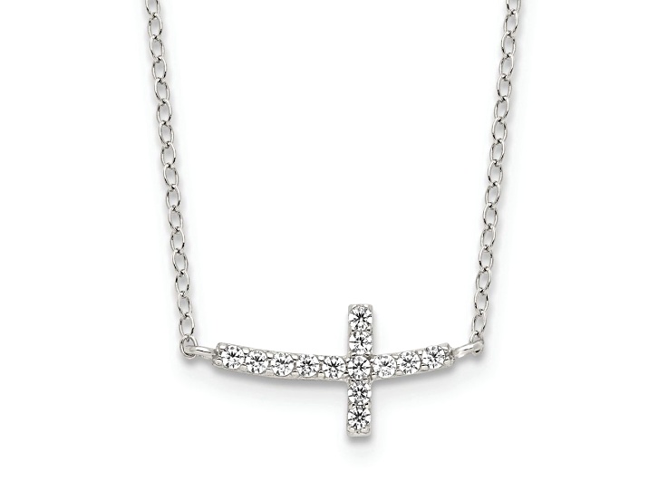 Rhodium Over Sterling Silver Cubic Zirconia Sideways Cross with 2-inch Extension Necklace