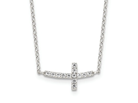 Rhodium Over Sterling Silver Cubic Zirconia Sideways Cross with 2-inch Extension Necklace