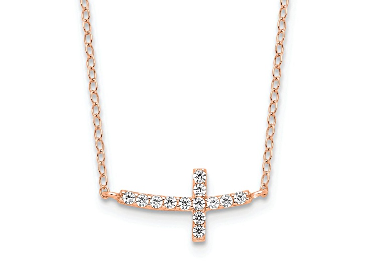 10K Rose Gold Over Sterling Silver Cubic Zirconia Sideways Cross with 2-inch Extension Necklace