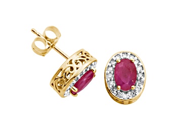 Picture of Red Ruby and White Diamond 10k Yellow Gold Earrings 1.19ctw