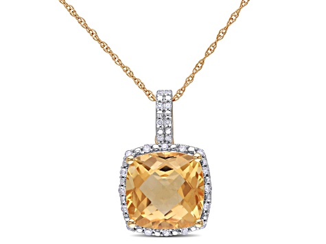 4ct Citrine And 0.10ctw Diamond 10k Yellow Gold Pendant With Chain