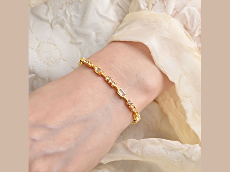 Baguette and Round White Topaz Baguette 14K Yellow Gold Over Sterling Silver Bracelet