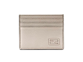 Fendi FF Logo Light Gray and Blue Pebbled Calf Leather Card Case Wallet