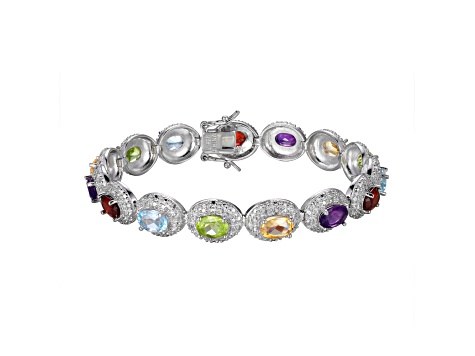 Multi-Color Multi-Gemstone Platinum Over Sterling Silver Bracelet