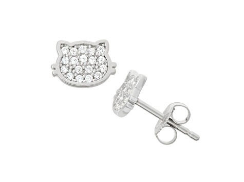 White Cubic Zirconia Rhodium Over Sterling Silver Children's Cat Earrings 0.32ctw