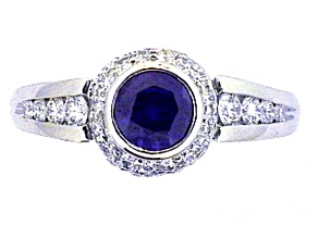 Round Blue Sapphire and White Diamond Platinum Ring. 1.69 CTW