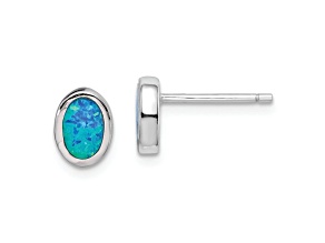 Rhodium Over Sterling Silver Polished Blue Created Opal Oval Stud Earrings