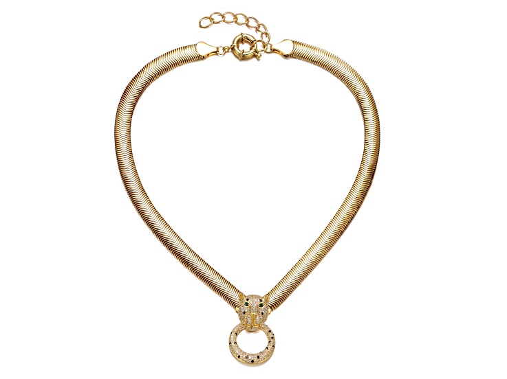 14k Yellow Gold Plated over Brass with Green Color Cubic Zirconia Panther Head Door Knocker Necklace