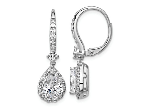 Rhodium Over Sterling Silver Pear Cubic Zirconia Halo Dangle Leverback Earrings