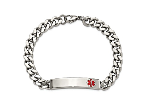 Stainless Steel Polished with Red Enamel 8.75-inch Medical ID Bracelet