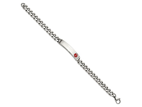 Stainless Steel Polished with Red Enamel 8.75-inch Medical ID Bracelet