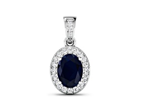 Blue Sapphire with White Diamond Accents 14K White Gold Halo Pendant