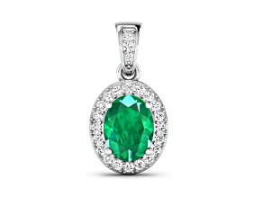 Zambian Emerald With White Diamond Accents 14K White Gold Halo Pendant