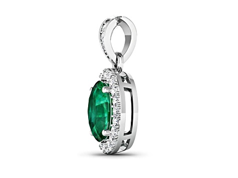 Zambian Emerald With White Diamond Accents 14K White Gold Halo Pendant