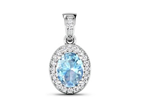 Aquamarine With White Diamond Accents 14K White Gold Halo Pendant