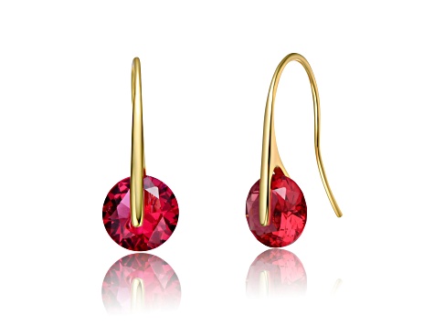 14k Gold Plated over Brass Hook Earrings with Round Ruby Red Cubic Zirconia