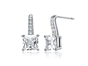 Rhodium Plated over Brass with Princess Cubic Zirconia Solitaire Drop Earrings