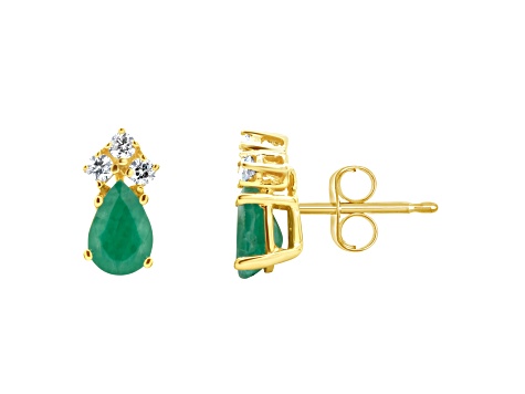 6x4mm Pear Shape Emerald with Diamond Accents 14k Yellow Gold Stud Earrings