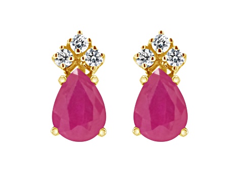 6x4mm Pear Shape Ruby with Diamond Accents 14k Yellow Gold Stud Earrings