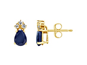 6x4mm Pear Shape Sapphire with Diamond Accents 14k Yellow Gold Stud Earrings