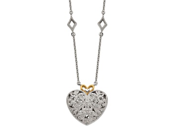 Picture of Rhodium Over Sterling Silver with 14K Accent Diamond Vintage Heart Necklace