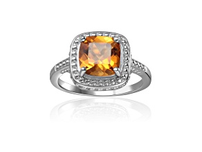 Square Cushion Citrine Sterling Silver Solitaire with Beaded Halo Ring, 1.95ct